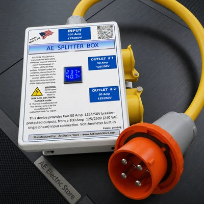 Ae SPLITTER Box, Input 100A 125/250V to two 50A 125/250V (240/120v) with Voltmeter and Ammeter built-in MOD 10200