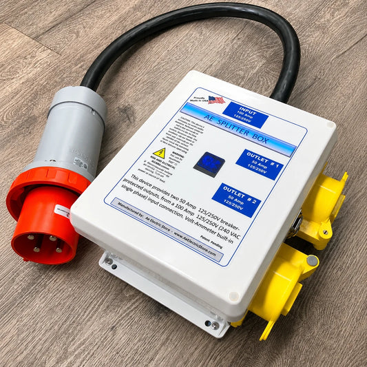 Ae SPLITTER Box, Input 100A 125/250V to two 50A 125/250V (240/120v) with Voltmeter and Ammeter built-in MOD 10200